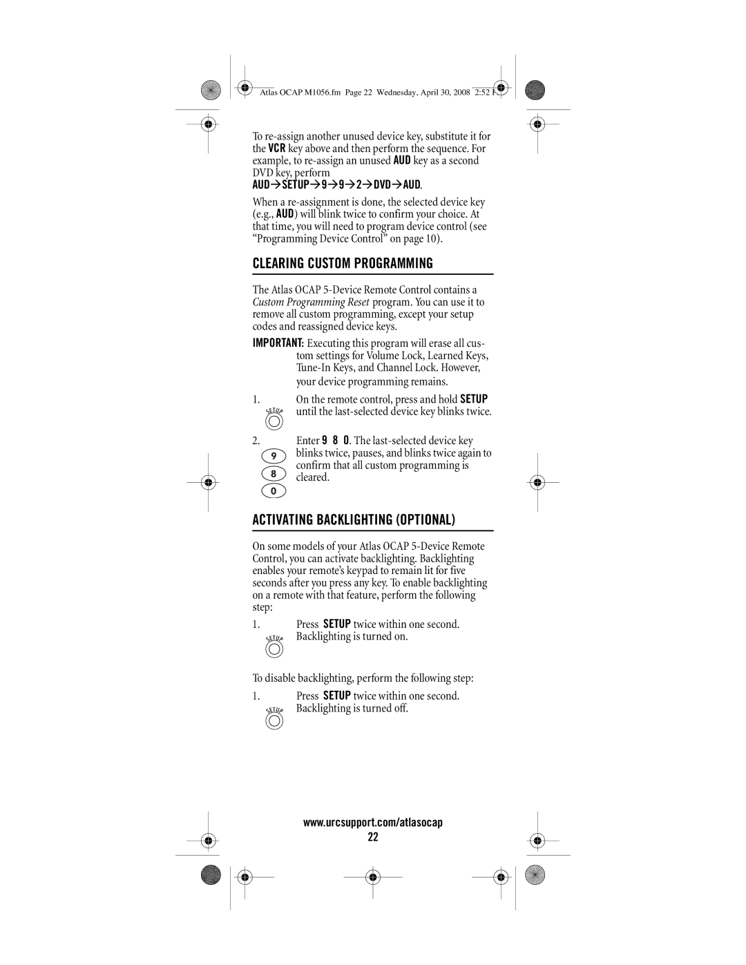 Universal Electronics OCAP 5 manual Clearing Custom Programming, Activating Backlighting Optional 