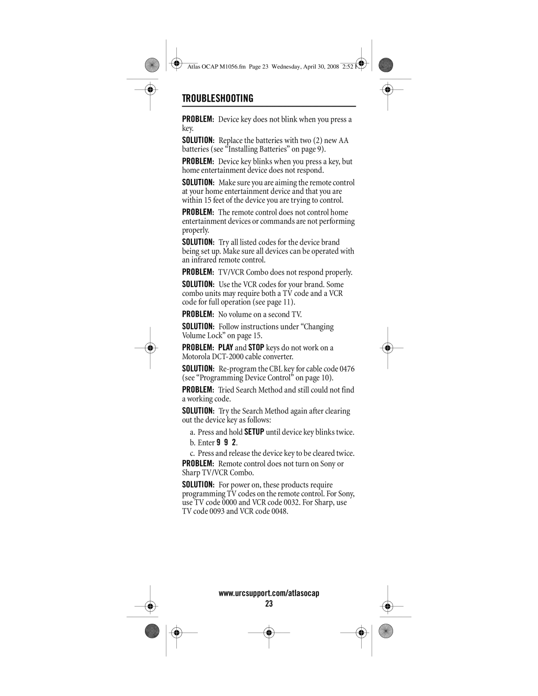 Universal Electronics OCAP 5 manual Troubleshooting, Problem Device key does not blink when you press a key 