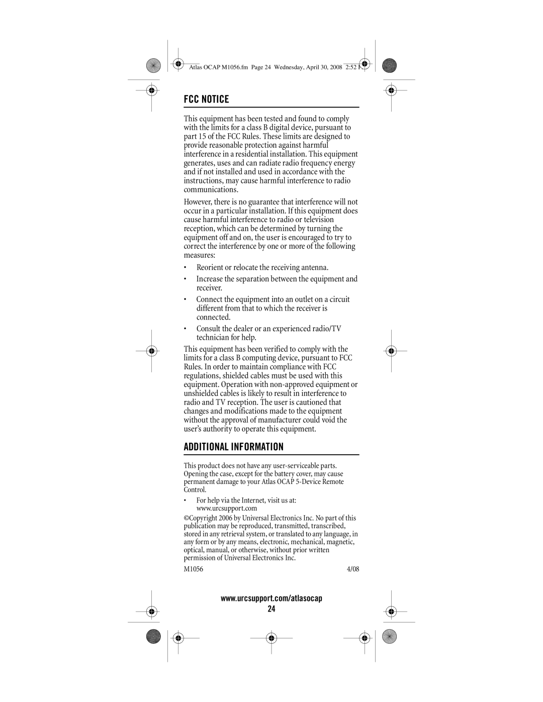 Universal Electronics OCAP 5 manual FCC Notice, Additional Information 