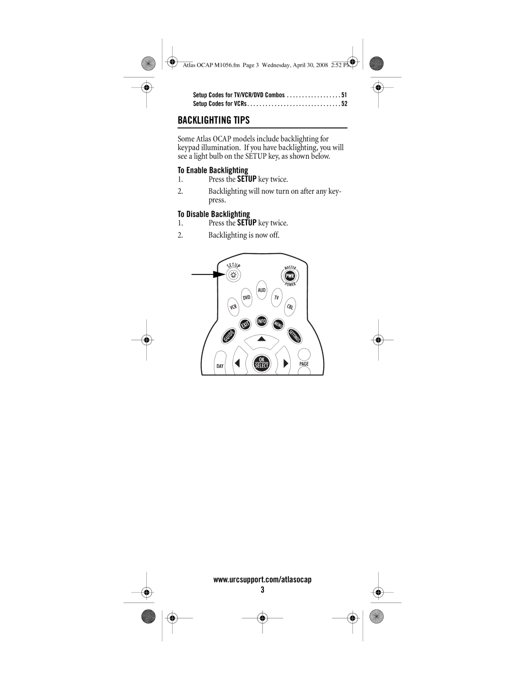 Universal Electronics OCAP 5 manual Backlighting Tips, To Enable Backlighting, To Disable Backlighting 