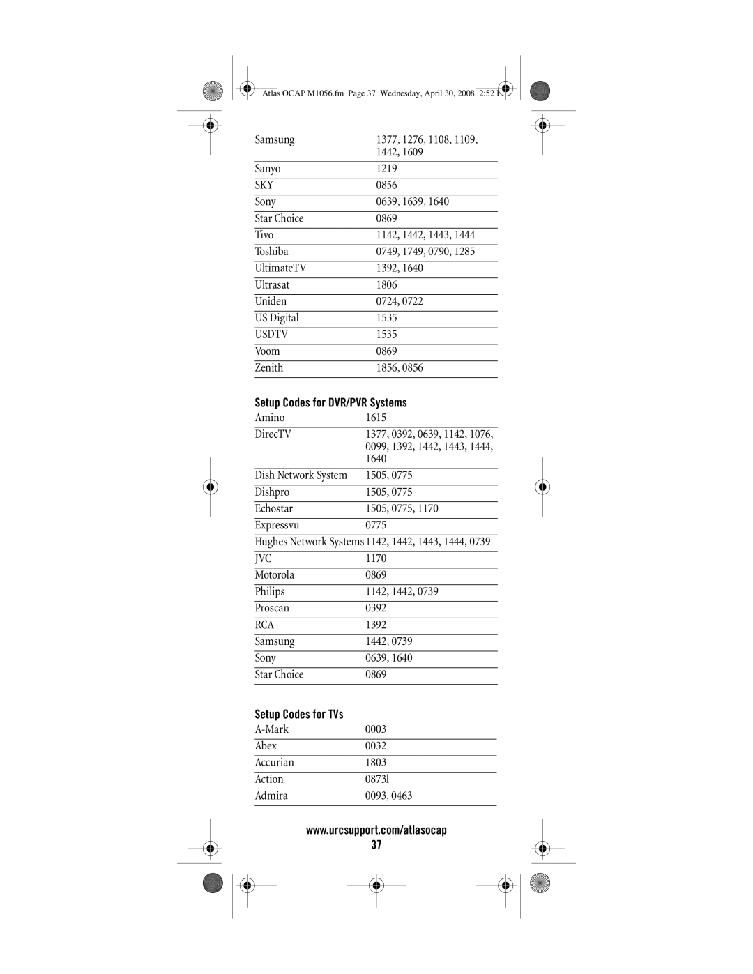 Universal Electronics OCAP 5 manual Sky, Usdtv, Setup Codes for DVR/PVR Systems, Setup Codes for TVs 