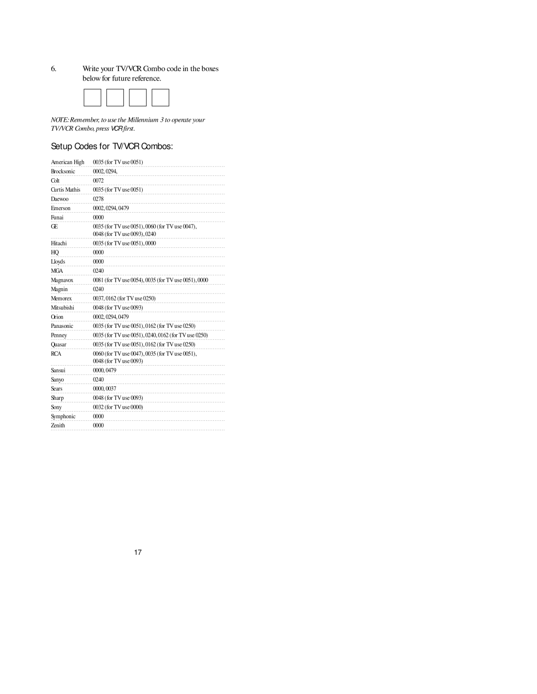 Universal Electronics pmn manual Setup Codes for TV/VCR Combos, Mga 