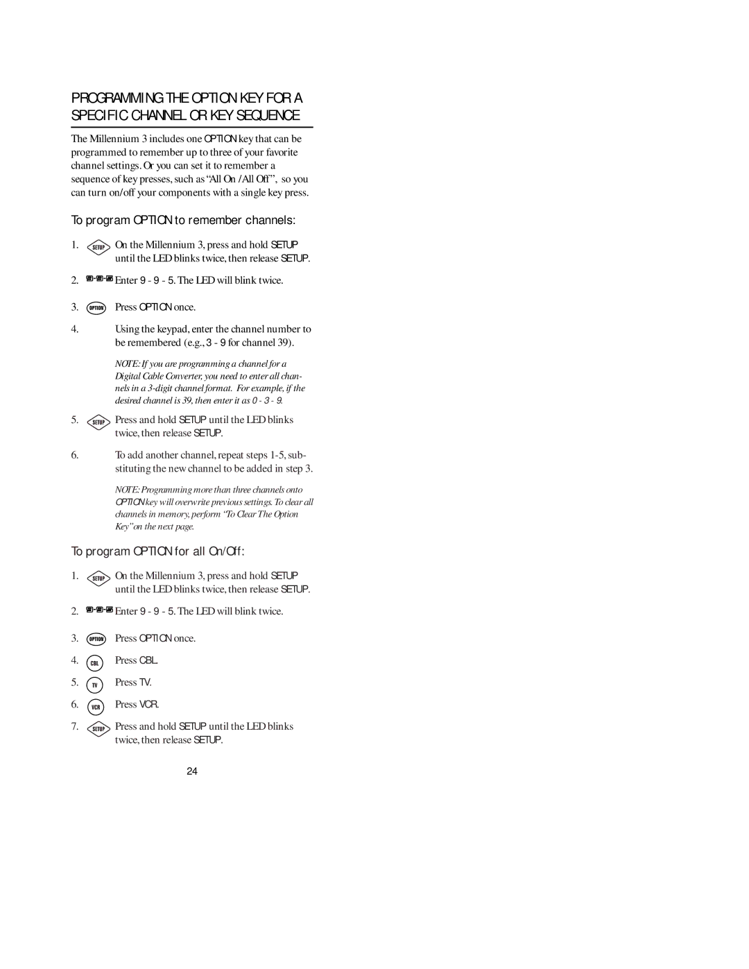 Universal Electronics pmn manual To program Option for all On/Off, To program Option to remember channels 