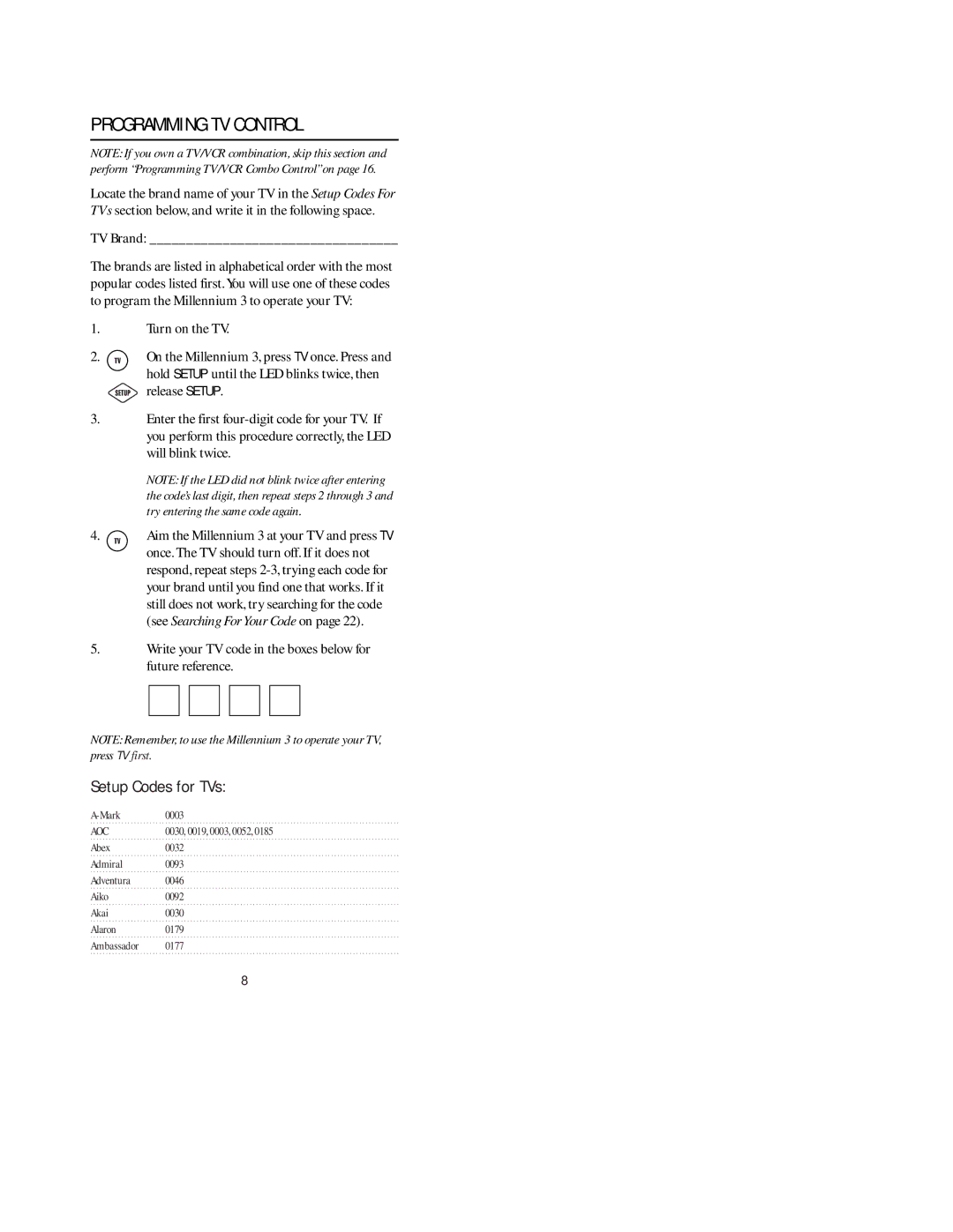 Universal Electronics pmn manual Programming TV Control, Setup Codes for TVs, Aoc 