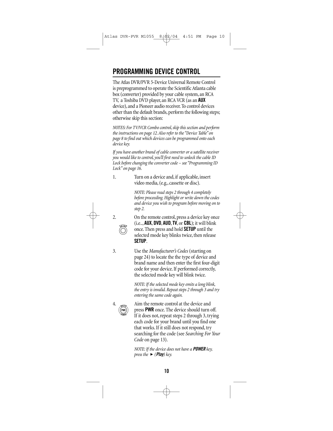 Universal Electronics PVR 5 manual Programming Device Control, Setup 