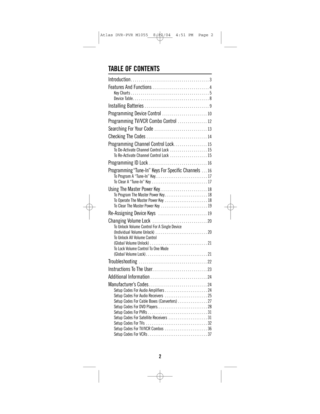 Universal Electronics PVR 5 manual Table of Contents 