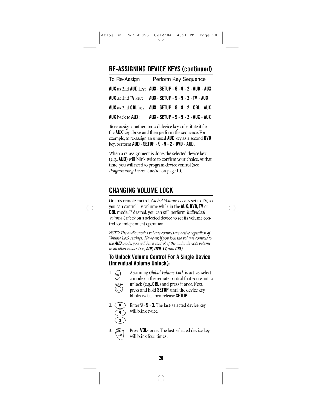 Universal Electronics PVR 5 manual RE-ASSIGNING Device Keys, Changing Volume Lock 