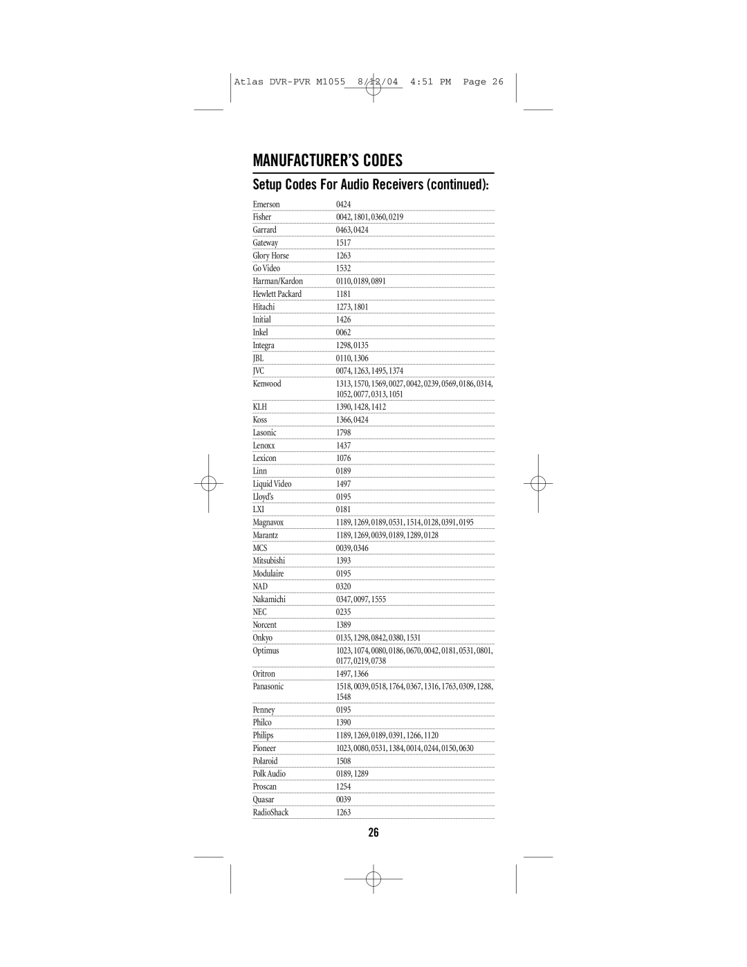 Universal Electronics PVR 5 manual Jbl, Klh, Lxi, Mcs, Nad 