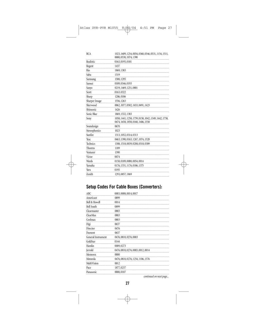 Universal Electronics PVR 5 manual Setup Codes For Cable Boxes Converters, Abc 