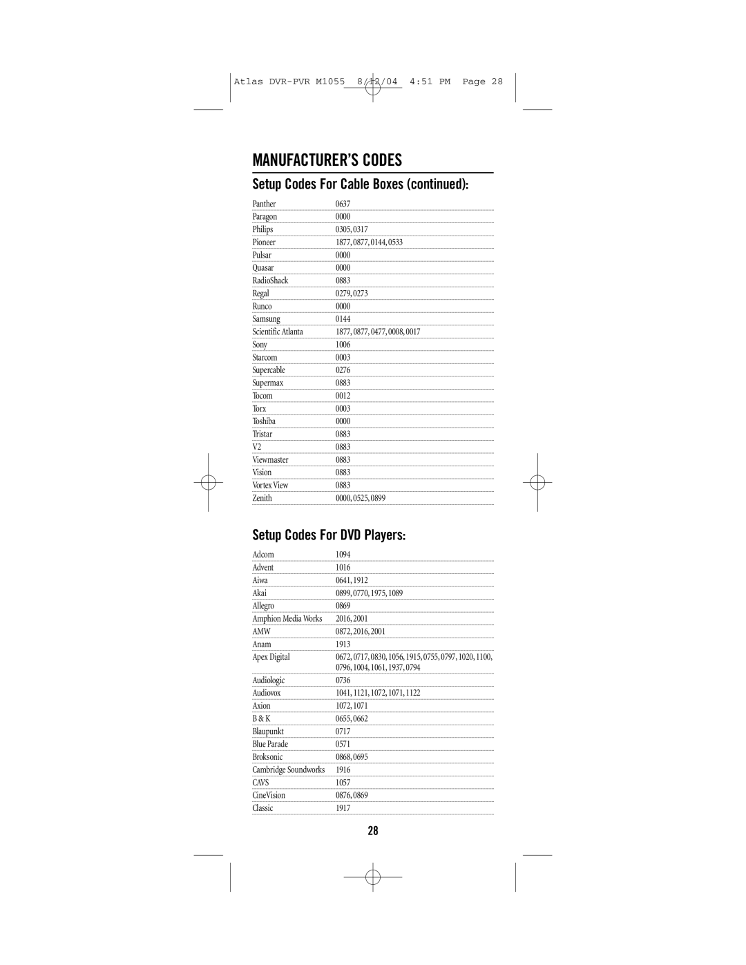 Universal Electronics PVR 5 manual Setup Codes For Cable Boxes, Setup Codes For DVD Players, Cavs 