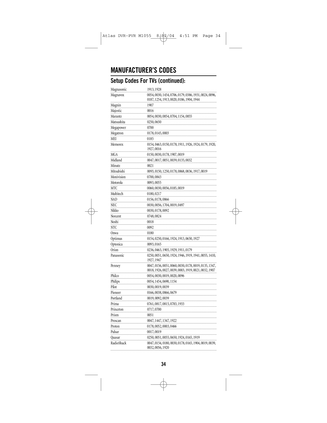 Universal Electronics PVR 5 manual Mei, Mga, Mtc, Ntc 