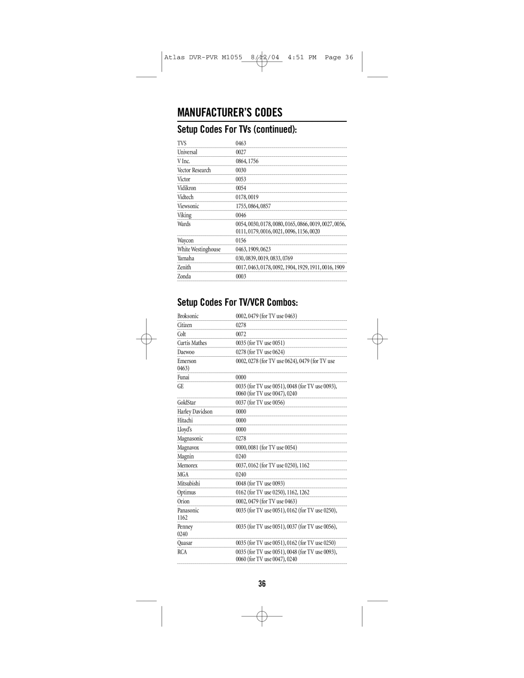 Universal Electronics PVR 5 manual Setup Codes For TV/VCR Combos, Tvs 