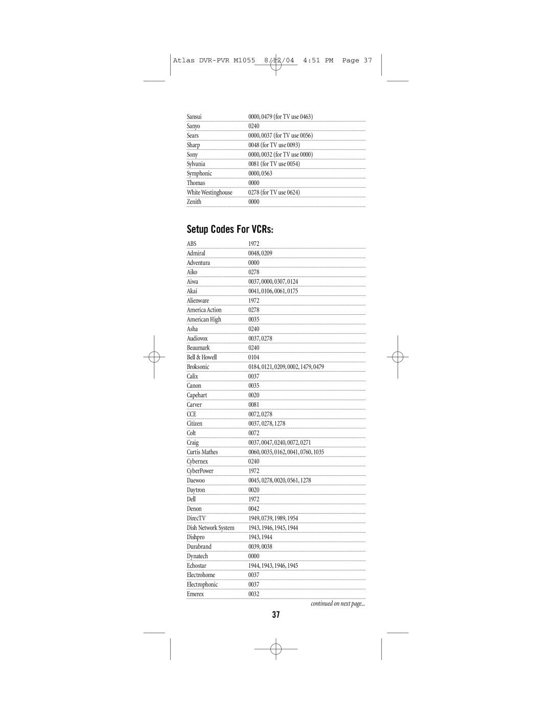 Universal Electronics PVR 5 manual Setup Codes For VCRs, Abs 