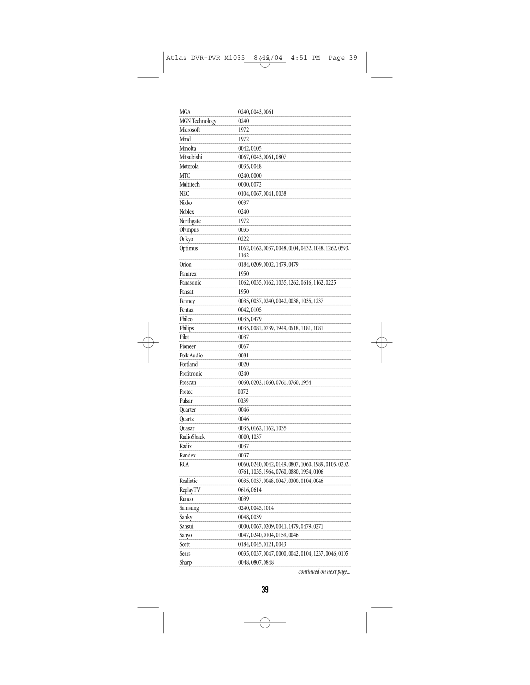 Universal Electronics PVR 5 manual 0240, 0043 