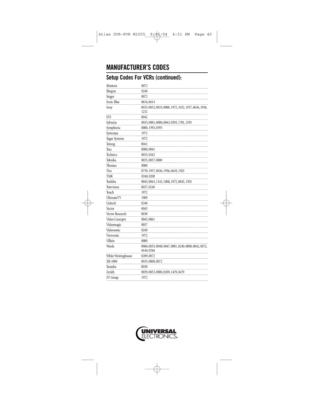 Universal Electronics PVR 5 manual Sts, Tmk 