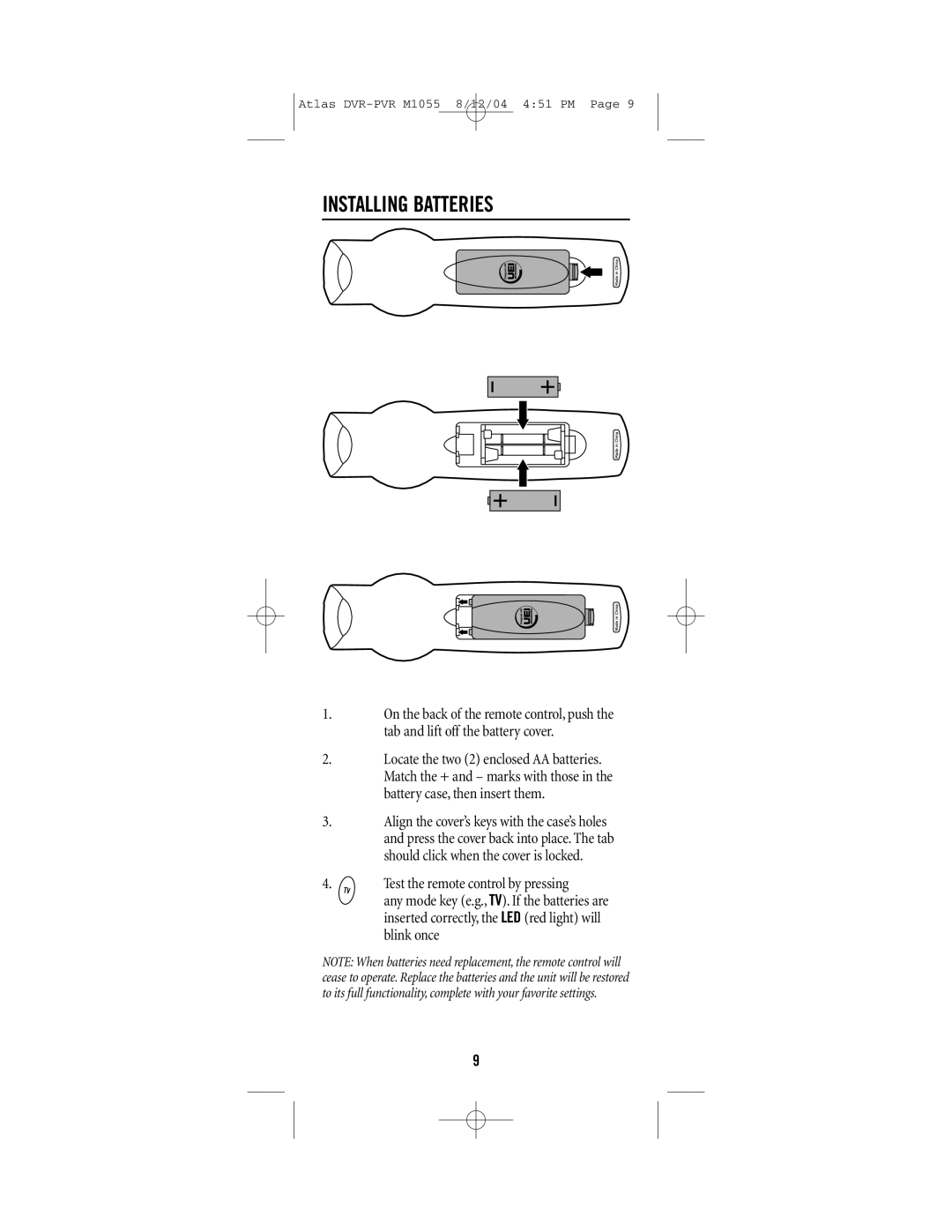 Universal Electronics PVR 5 manual Installing Batteries 