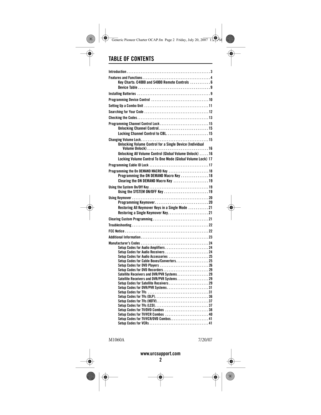 Universal Electronics S4000, C4000 manual Table of Contents 