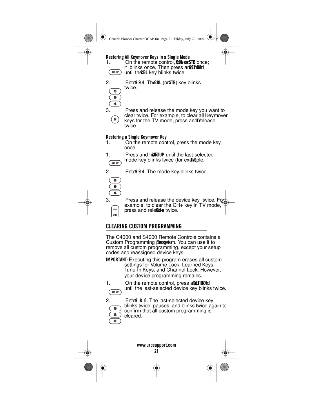 Universal Electronics C4000, S4000 manual Clearing Custom Programming, Restoring All Keymover Keys in a Single Mode 
