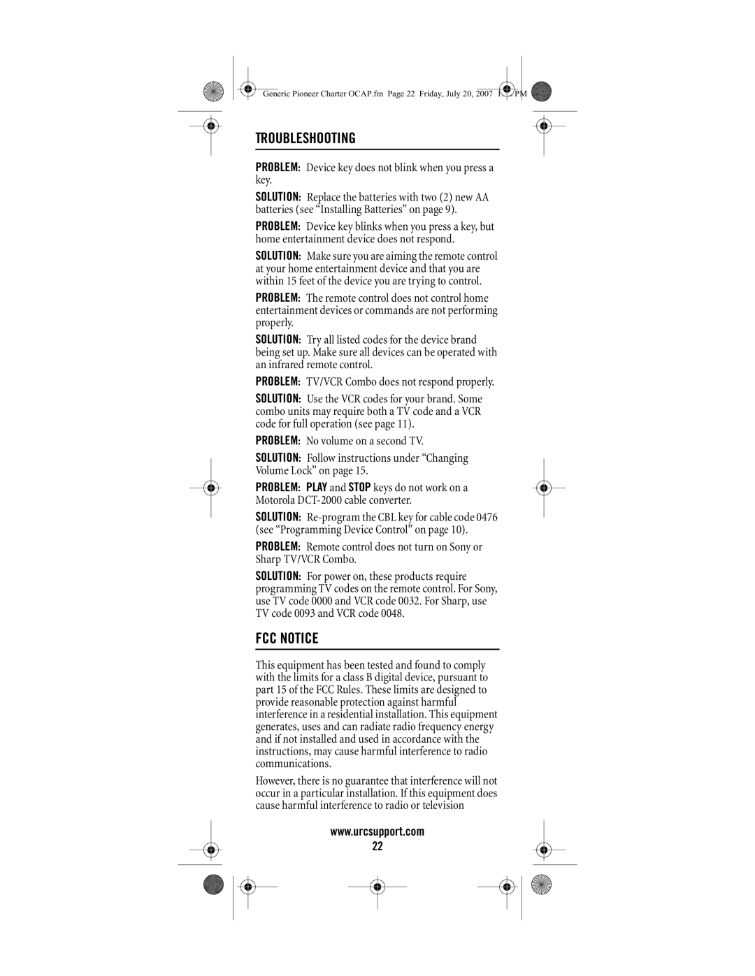 Universal Electronics S4000, C4000 Troubleshooting, FCC Notice, Problem Device key does not blink when you press a key 