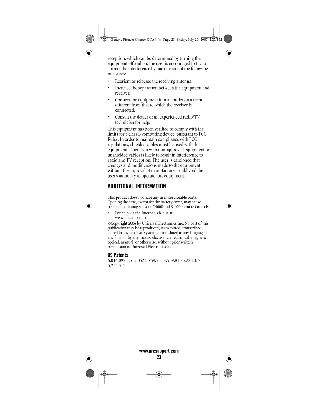 Universal Electronics C4000 Additional Information, US Patents, 014,092 5,515,052 5,959,751 4,959,810 5,228,077 255,313 