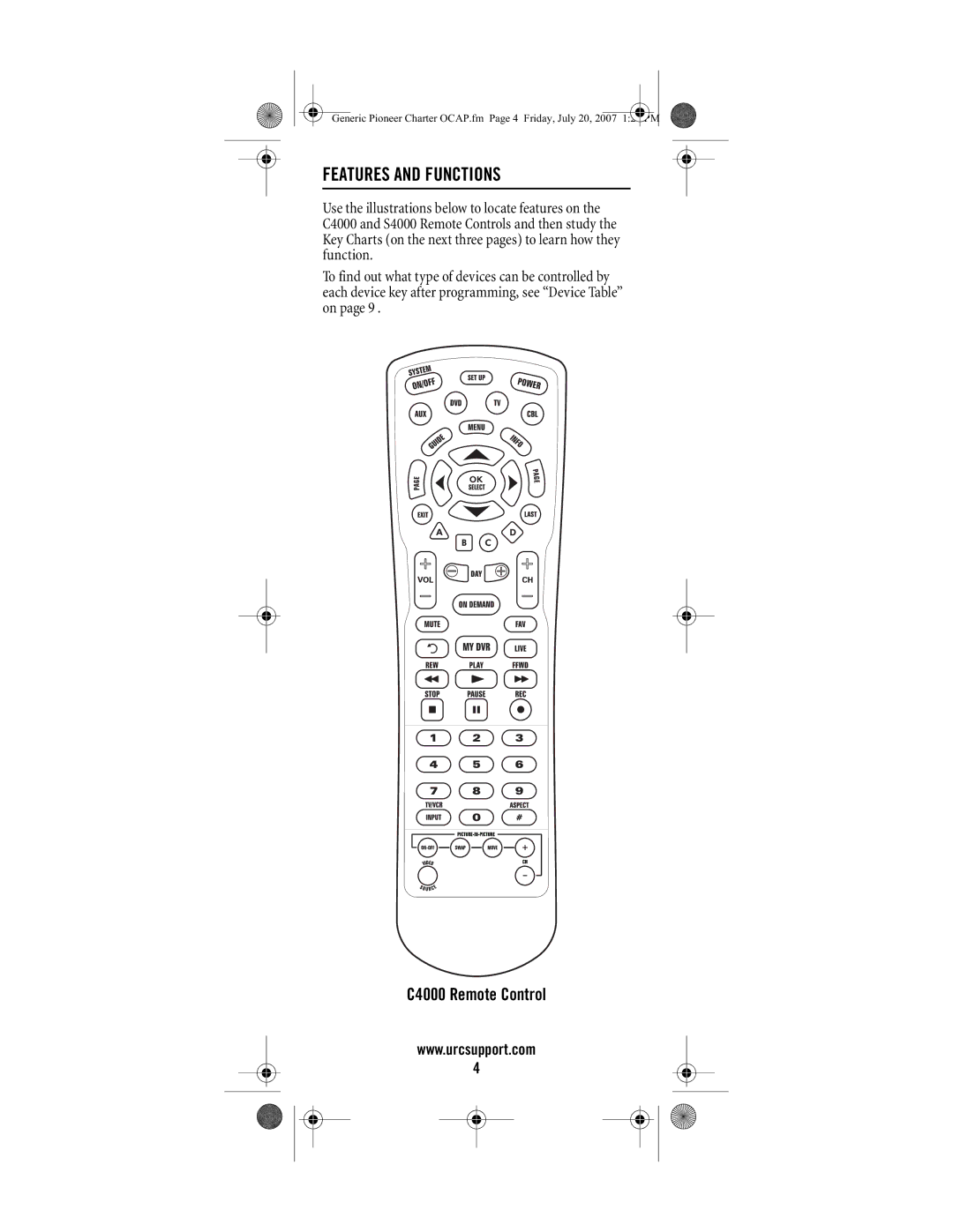 Universal Electronics S4000, C4000 manual Features and Functions 