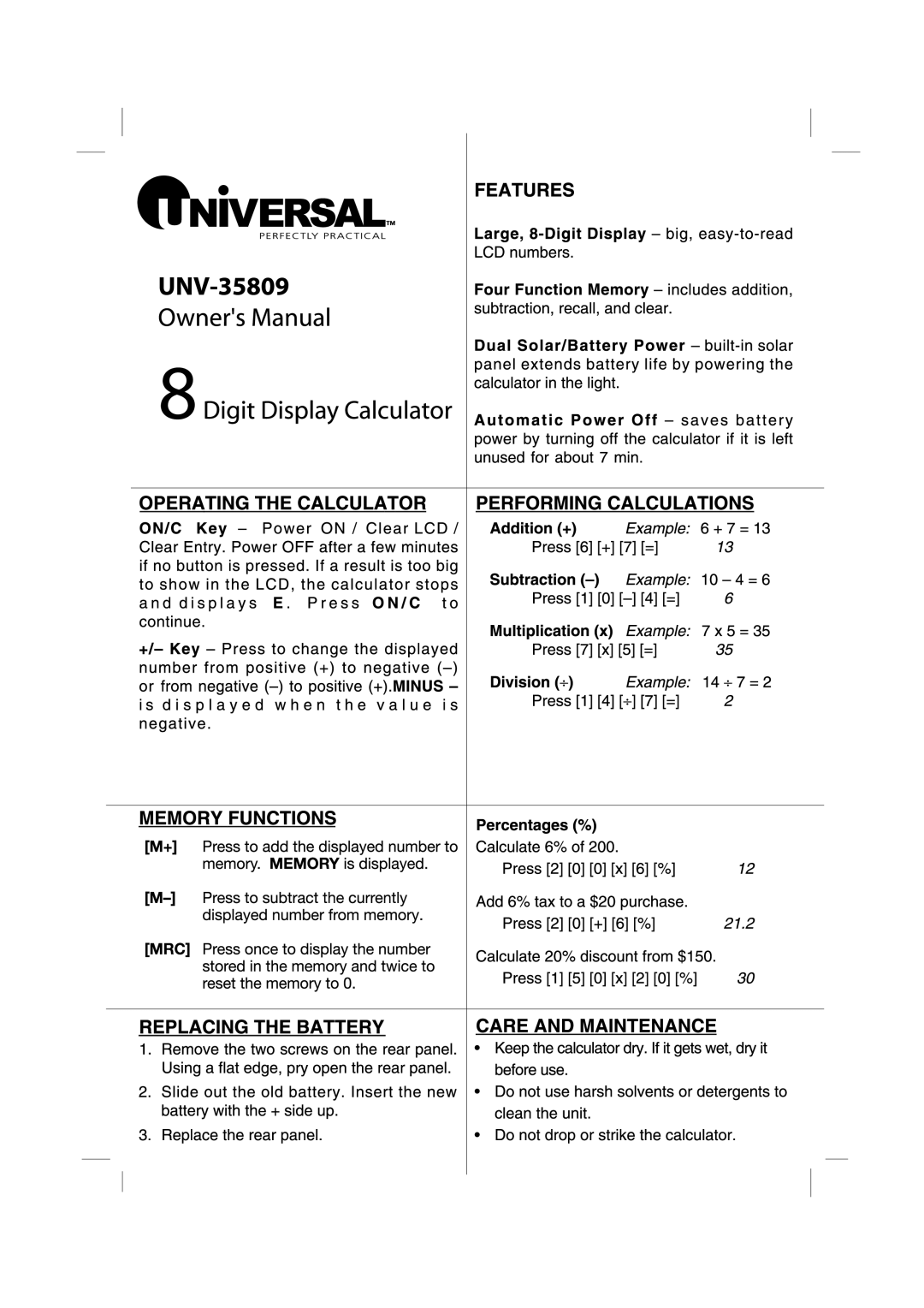 Universal Electronics UNV -35809 manual 