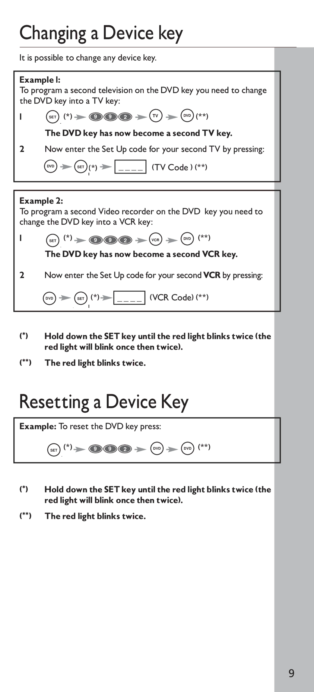 Universal Electronics URC - 4130 instruction manual Changing a Device key, Resetting a Device Key, Example 