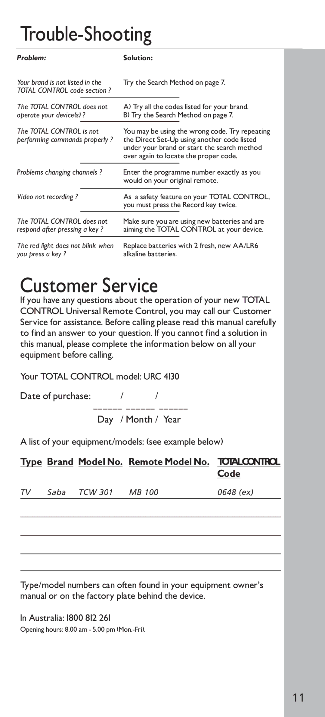 Universal Electronics URC - 4130 instruction manual Trouble-Shooting, Customer Service 