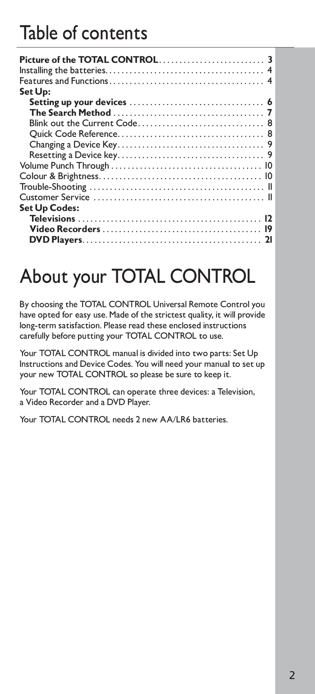 Universal Electronics URC - 4130 instruction manual Table of contents, About your Total Control 