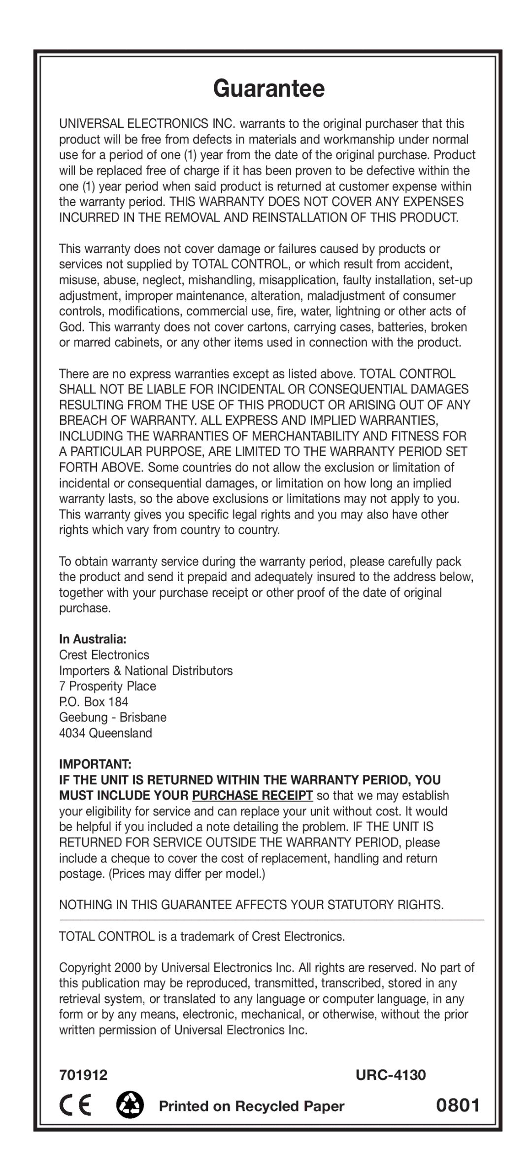 Universal Electronics URC - 4130 instruction manual Nothing in this Guarantee Affects Your Statutory Rights 