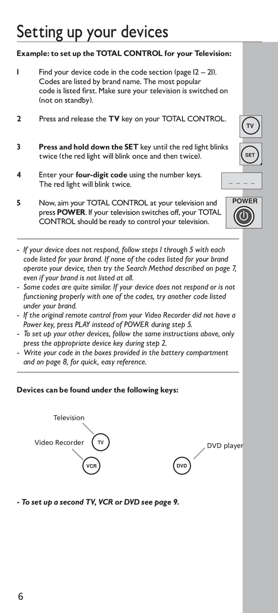 Universal Electronics URC - 4130 Setting up your devices, Example to set up the Total Control for your Television 