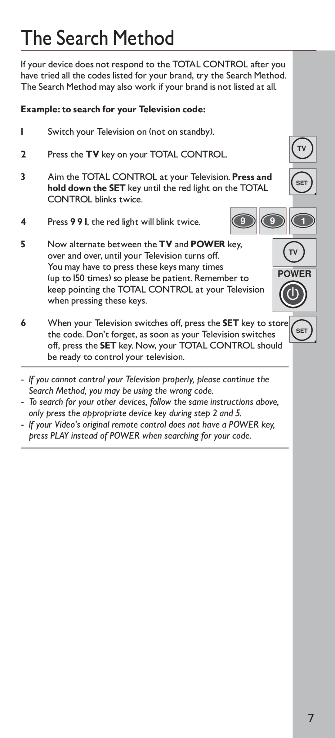 Universal Electronics URC - 4130 instruction manual Search Method, Example to search for your Television code 