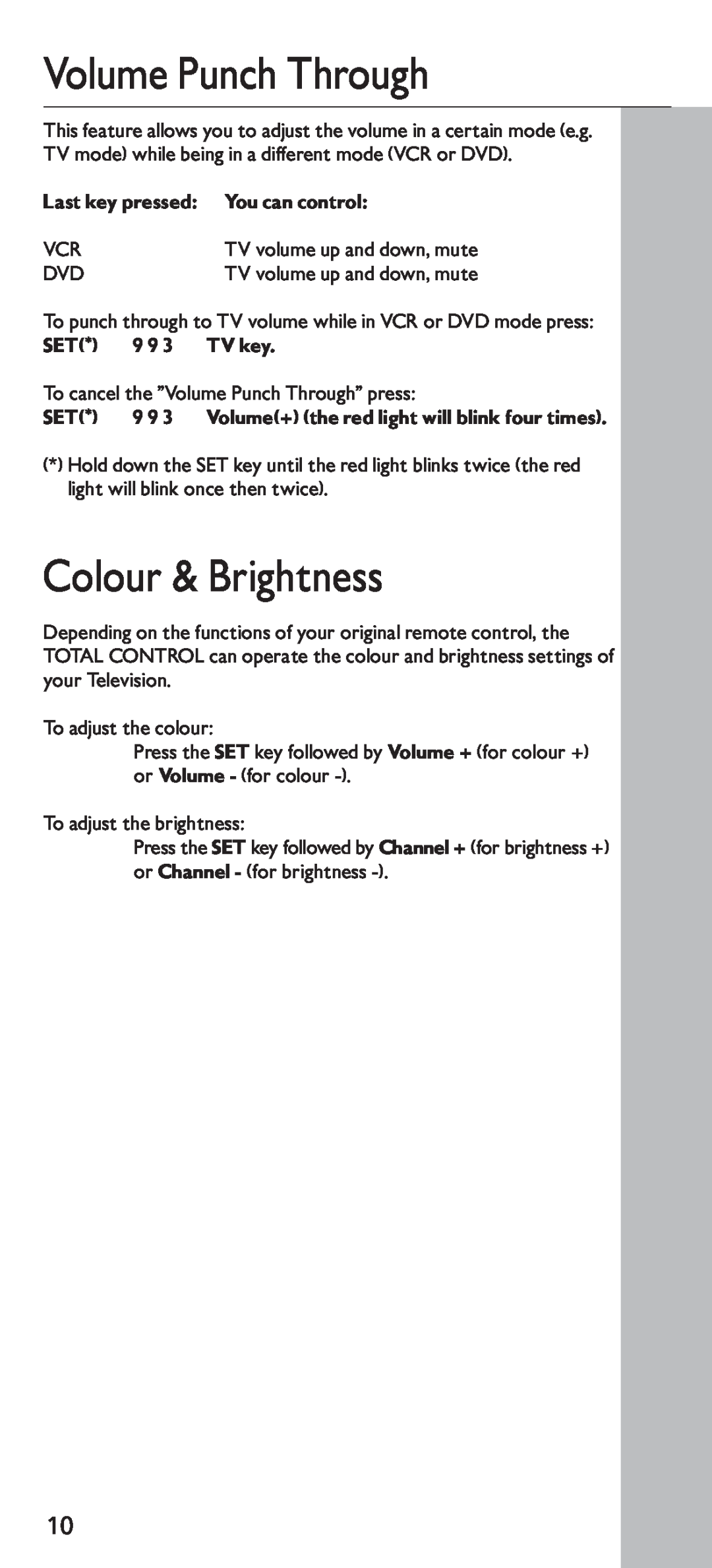 Universal Electronics URC - 4130 instruction manual Volume Punch Through, Colour & Brightness 