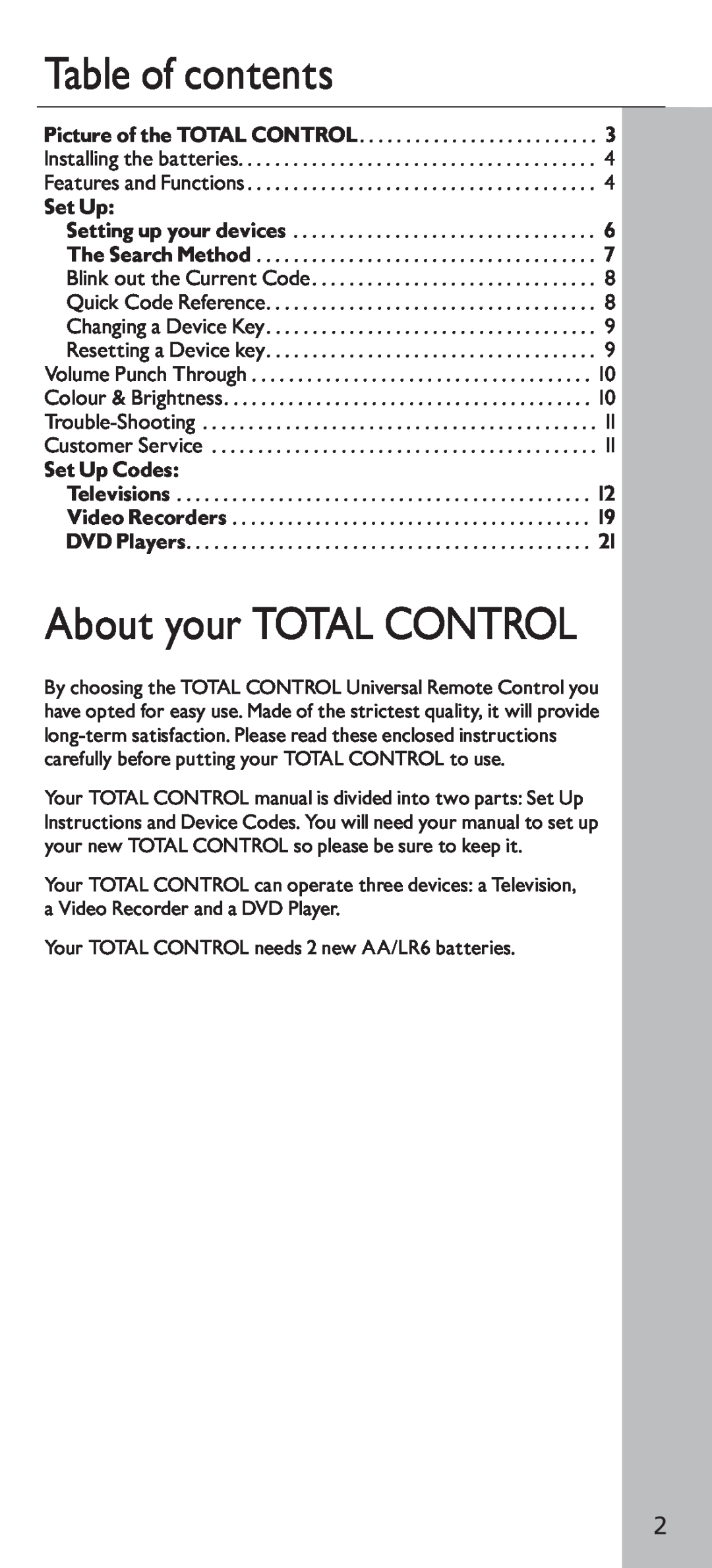 Universal Electronics URC - 4130 instruction manual Table of contents, About your TOTAL CONTROL, Set Up Codes 