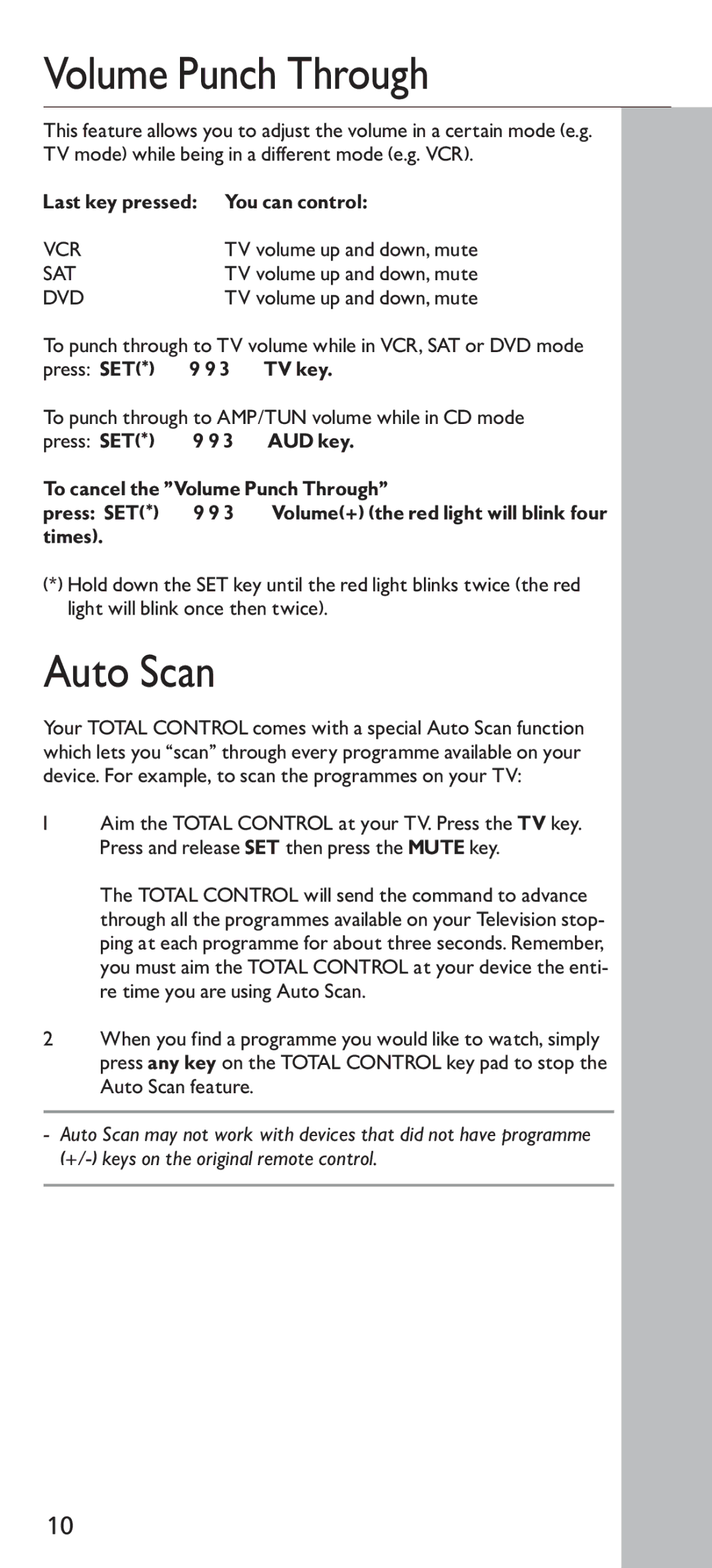 Universal Electronics URC - 4160 Volume Punch Through, Auto Scan, You can control, Press SET* 9 9 3 TV key 