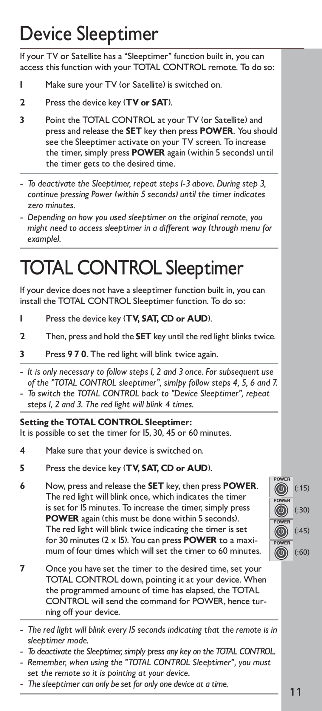 Universal Electronics URC - 4160 instruction manual Device Sleeptimer, Setting the Total Control Sleeptimer 