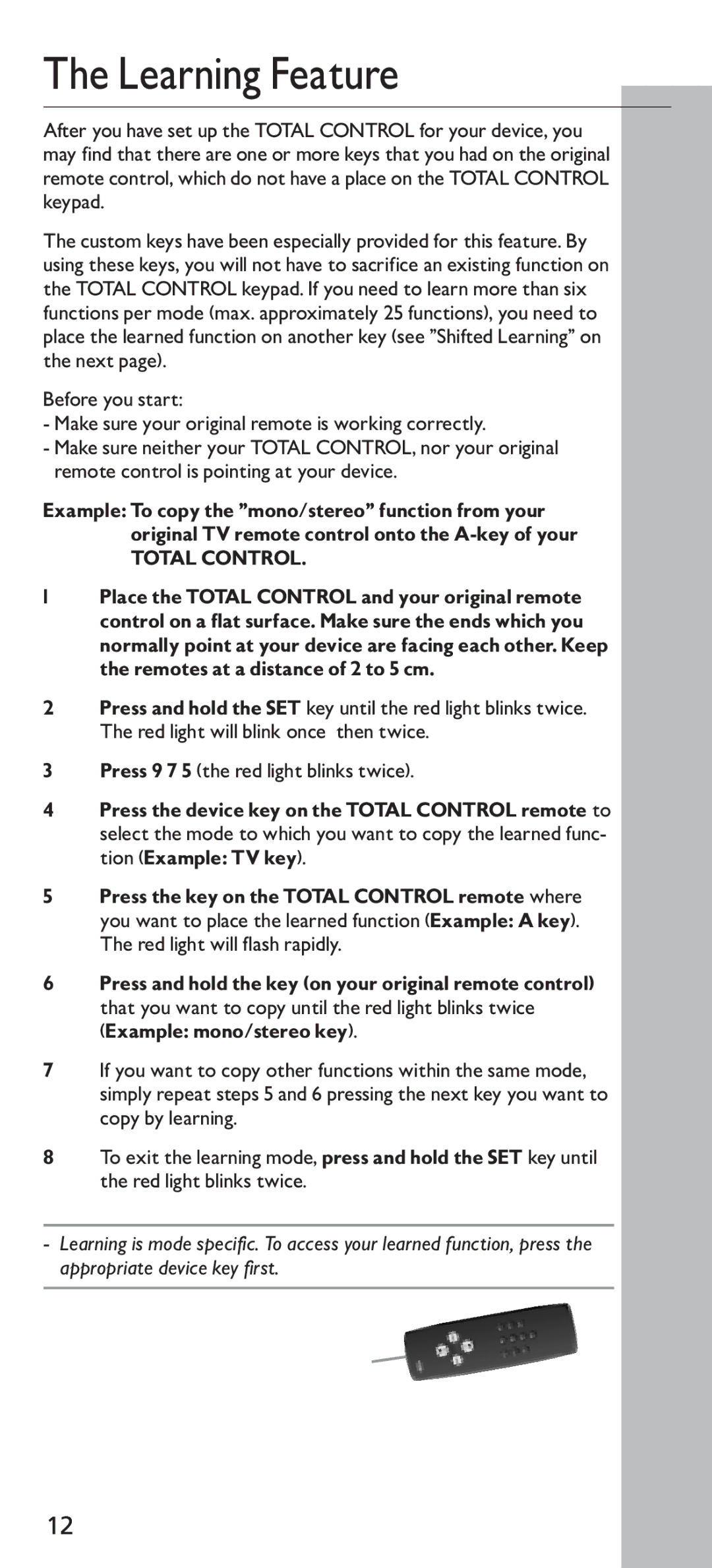 Universal Electronics URC - 4160 instruction manual Learning Feature, Example mono/stereo key 