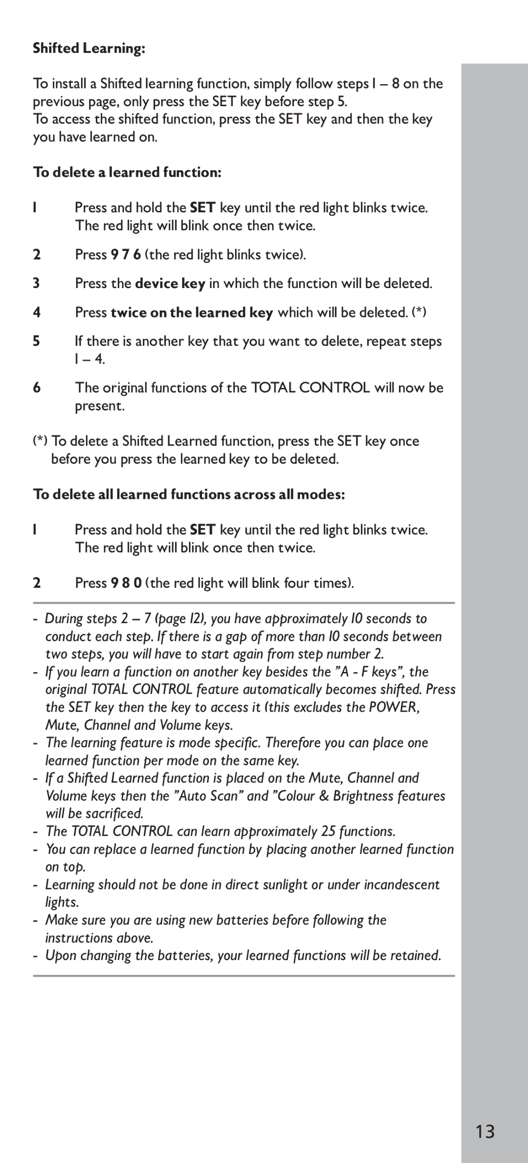 Universal Electronics URC - 4160 instruction manual Shifted Learning, To delete a learned function 