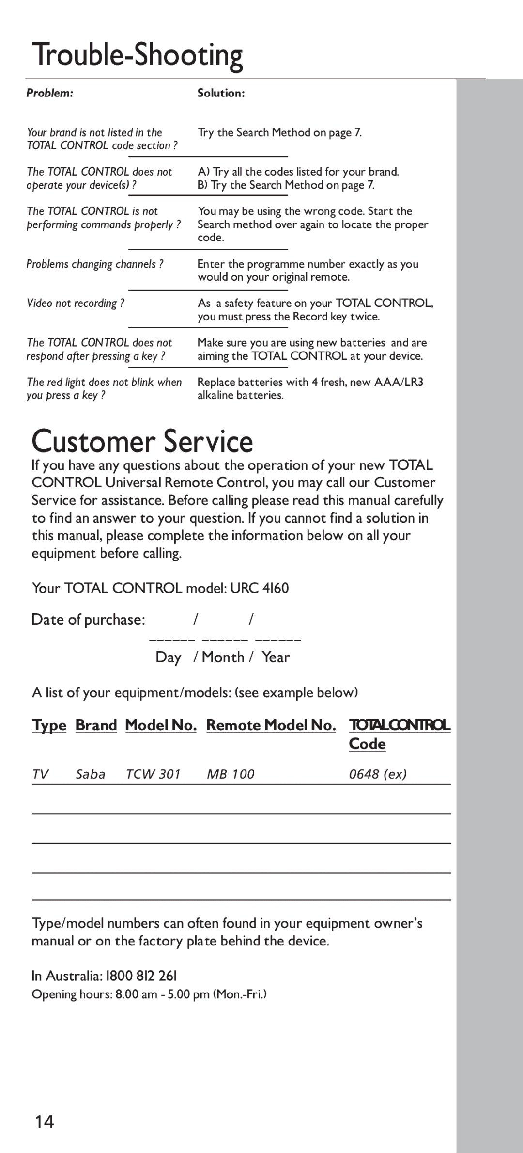 Universal Electronics URC - 4160 instruction manual Trouble-Shooting, Customer Service, Australia 1800 812 