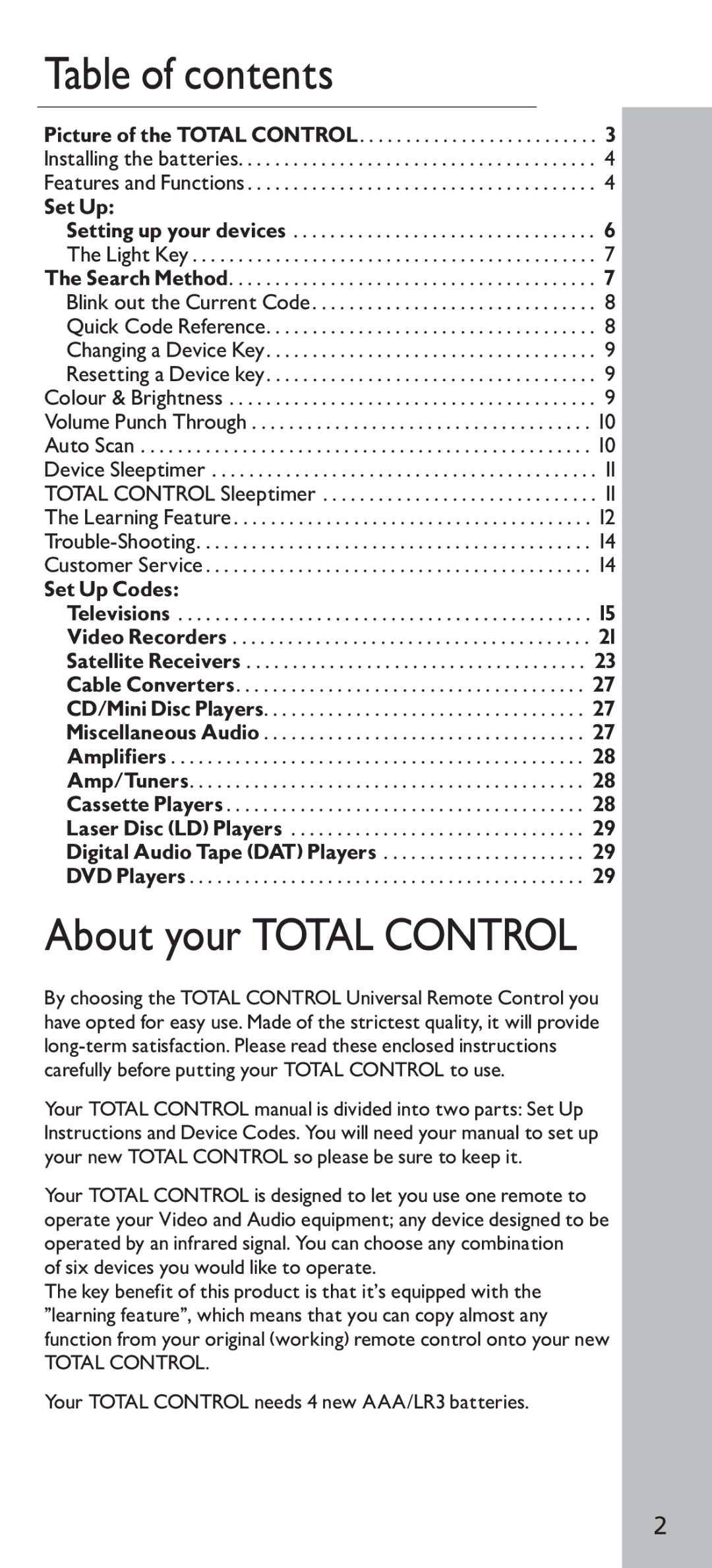 Universal Electronics URC - 4160 instruction manual Table of contents, About your Total Control 