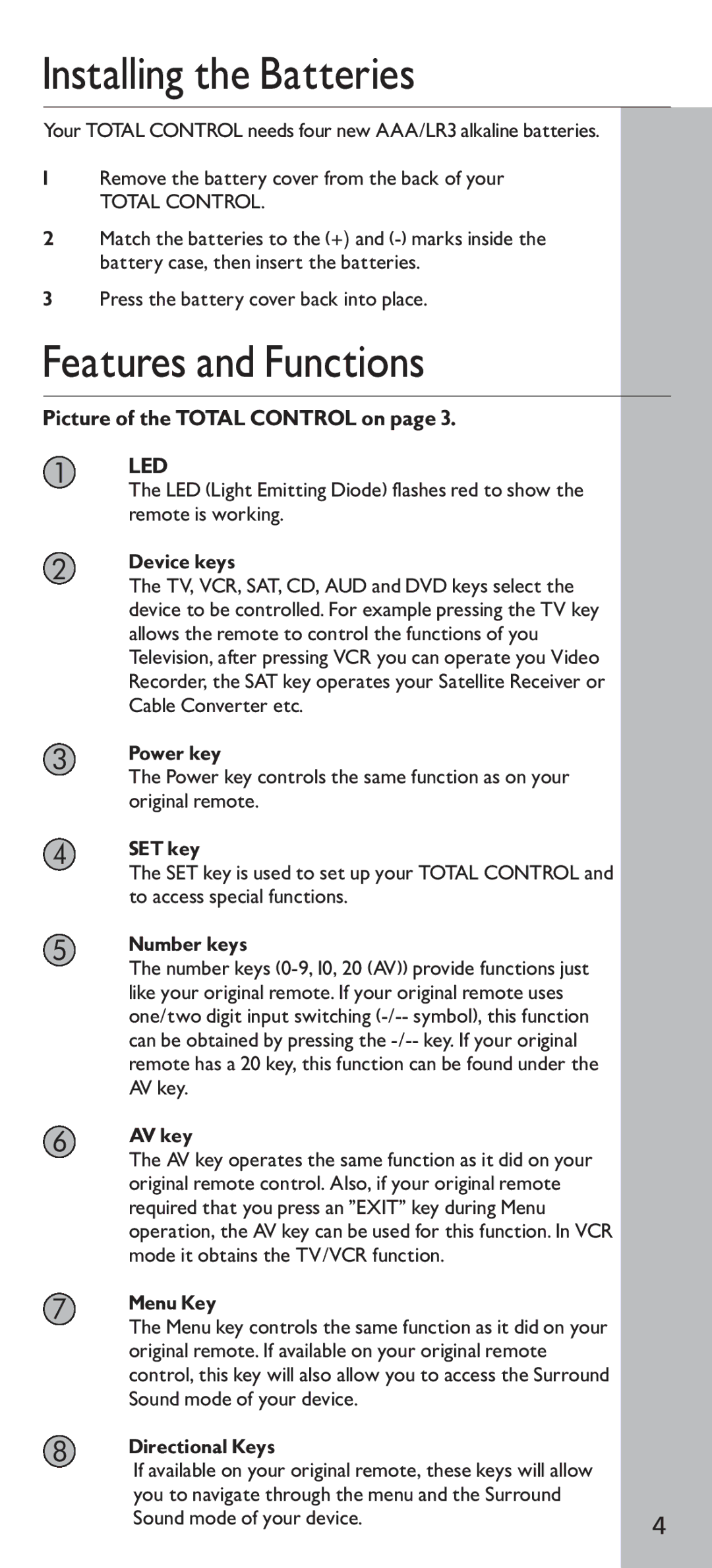 Universal Electronics URC - 4160 instruction manual Installing the Batteries, Features and Functions 