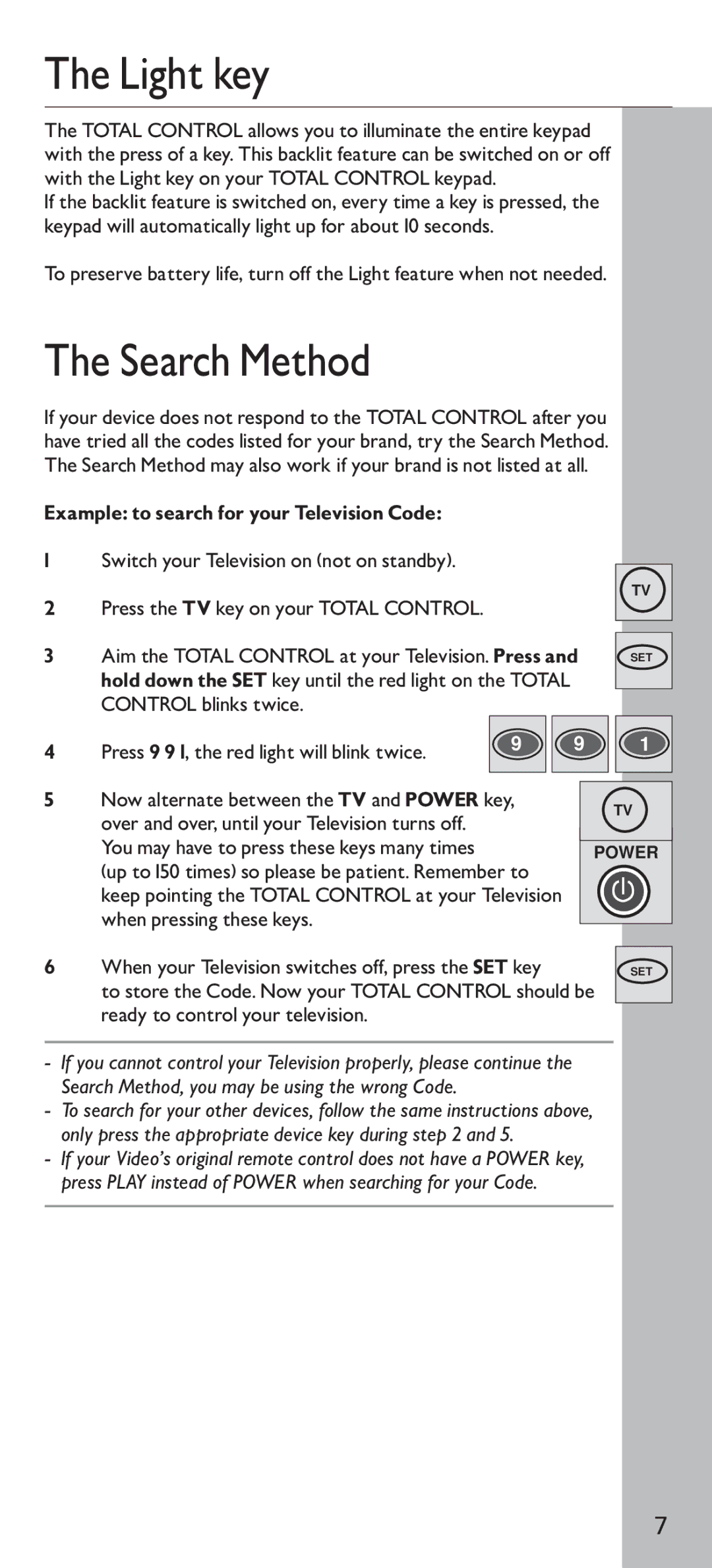 Universal Electronics URC - 4160 instruction manual Light key, Search Method, Example to search for your Television Code 