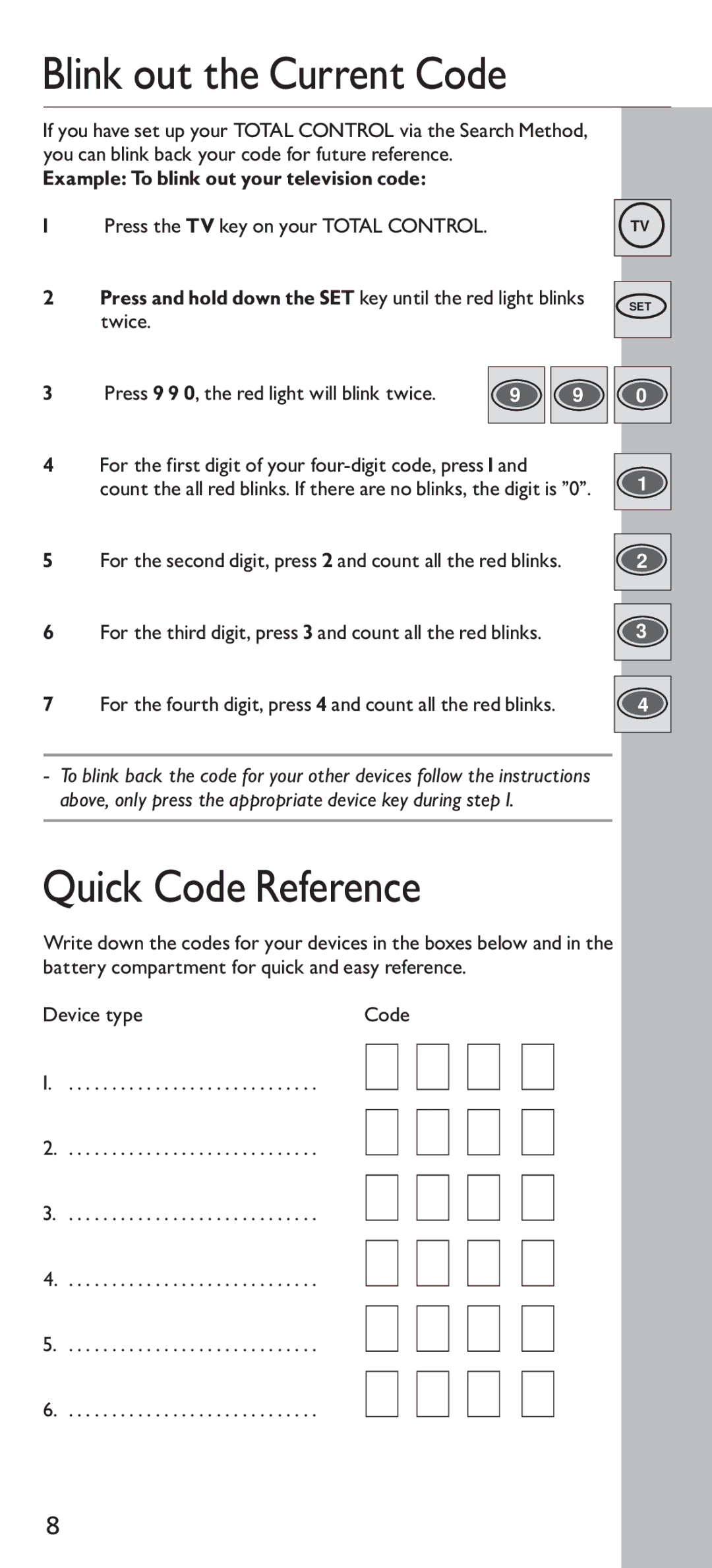 Universal Electronics URC - 4160 instruction manual Blink out the Current Code, Quick Code Reference 