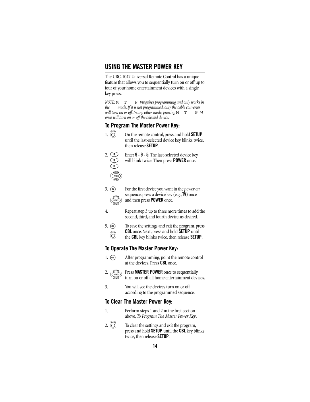 Universal Electronics URC-1047 Using the Master Power KEY, To Program The Master Power Key, To Clear The Master Power Key 