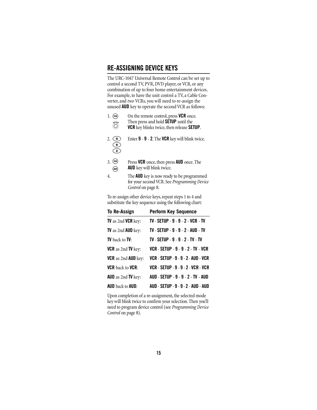 Universal Electronics URC-1047 manual RE-ASSIGNING Device Keys, To Re-Assign Perform Key Sequence 