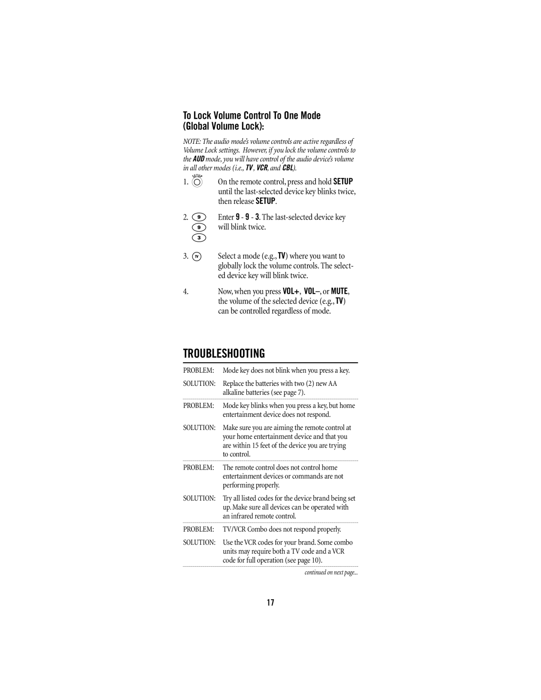 Universal Electronics URC-1047 manual Troubleshooting, To Lock Volume Control To One Mode Global Volume Lock 