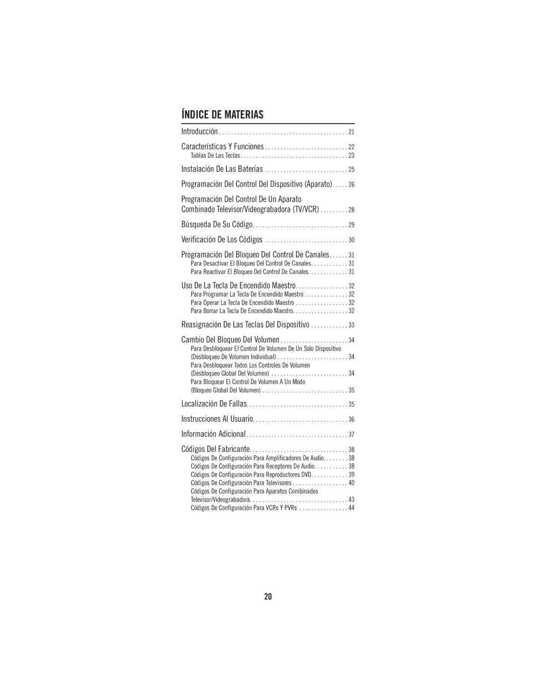 Universal Electronics URC-1047 manual Índice DE Materias, Programación Del Control De Un Aparato 