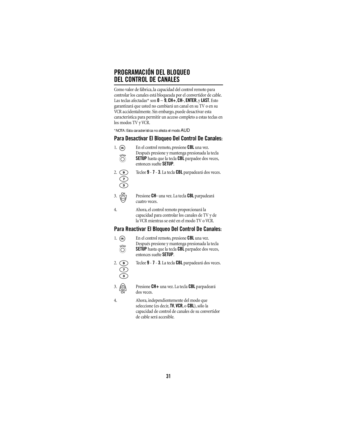 Universal Electronics URC-1047 manual Programación DEL Bloqueo DEL Control DE Canales 