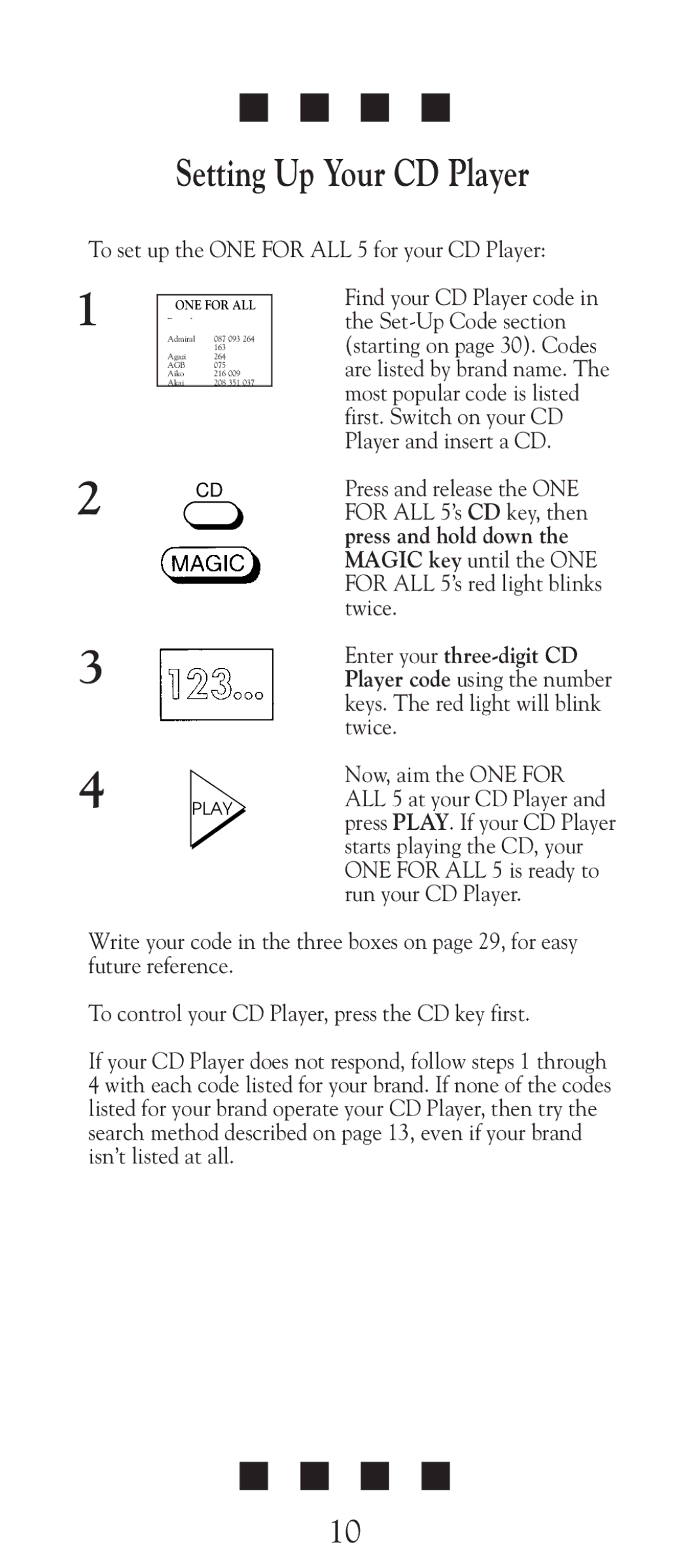 Universal Electronics URC-2505 manual Setting Up Your CD Player, Enter your three-digit CD 