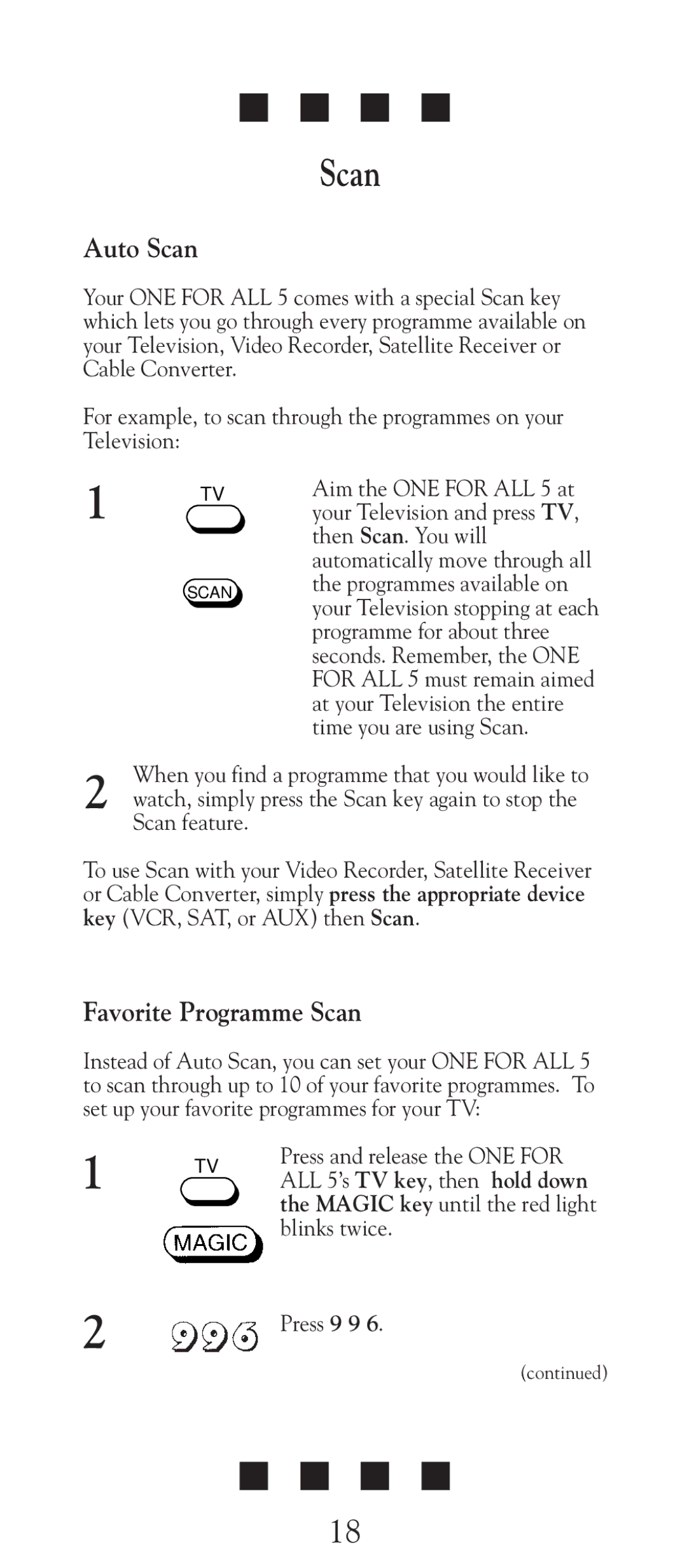 Universal Electronics URC-2505 manual Scan, Press and release the ONE for 